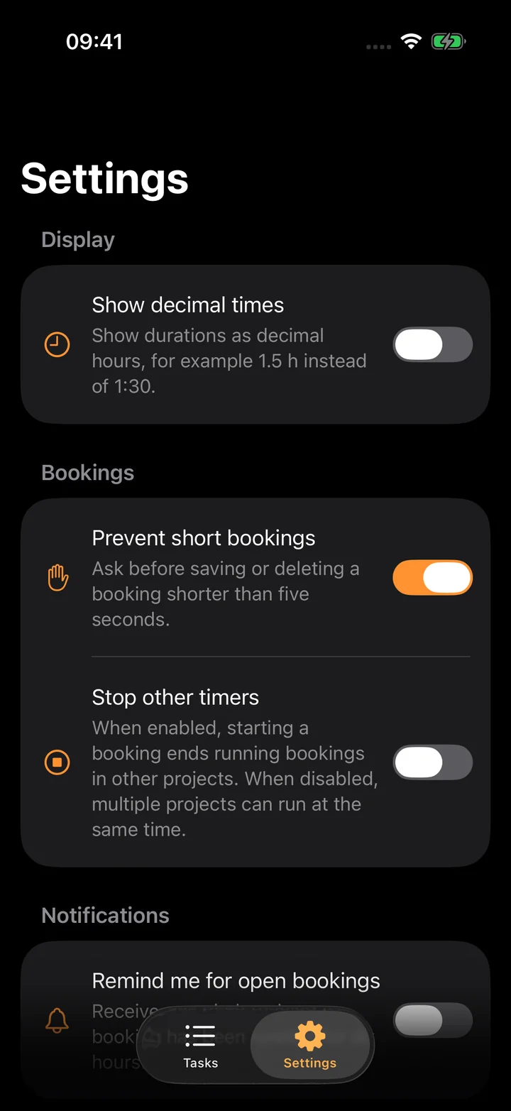 TimeRecorder settings in dark mode with timer and reminder options